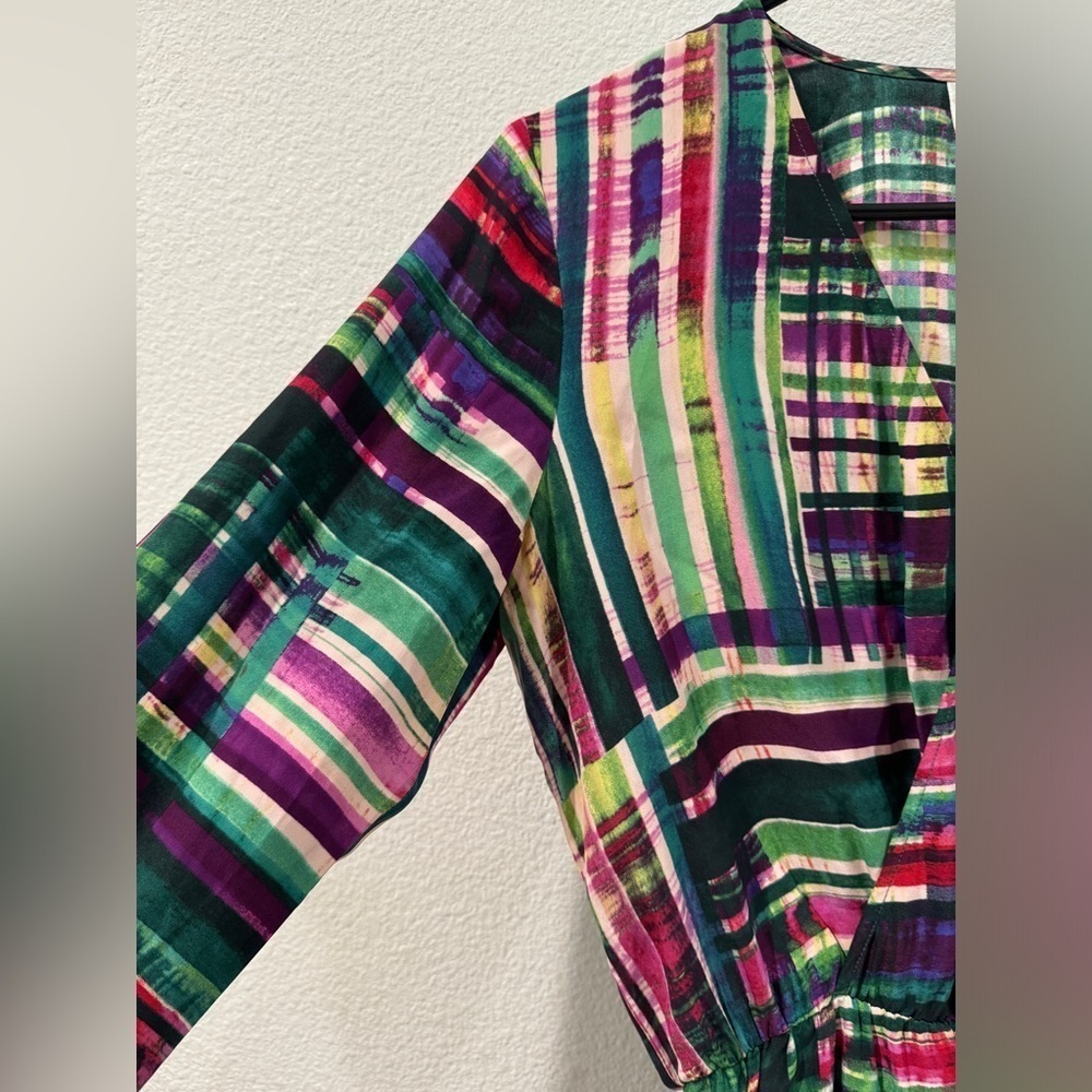 Parker 100% Silk Faux Wrap Surplice Neckline Long Sleeve Mini Colorful Dress S - Picture 2 of 14